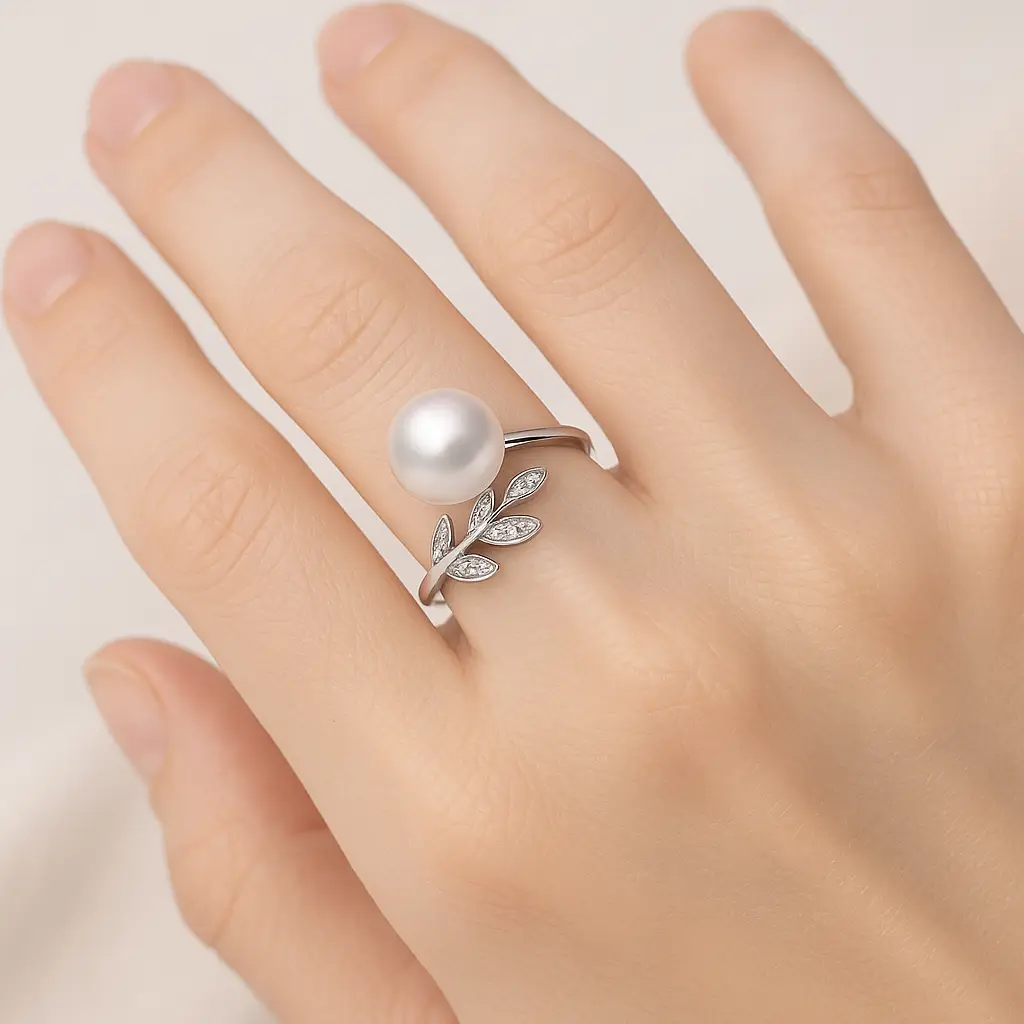 Bague pandora perle de culture sur une main