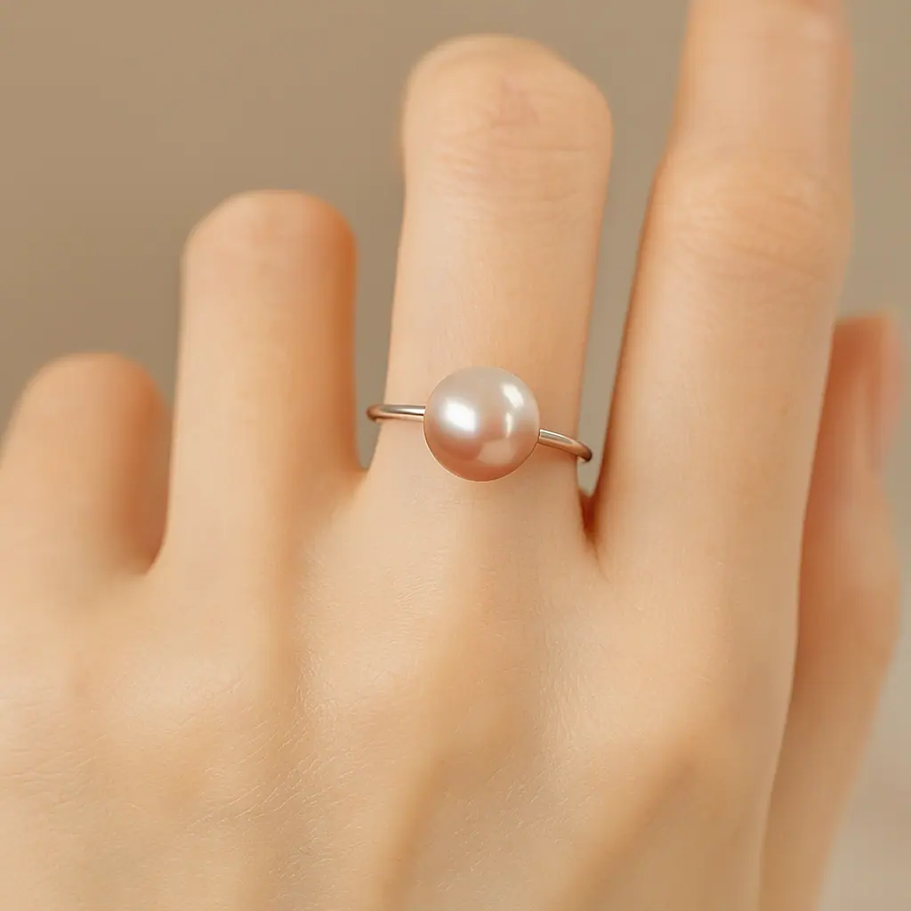 bague argent perle de culture sur une main