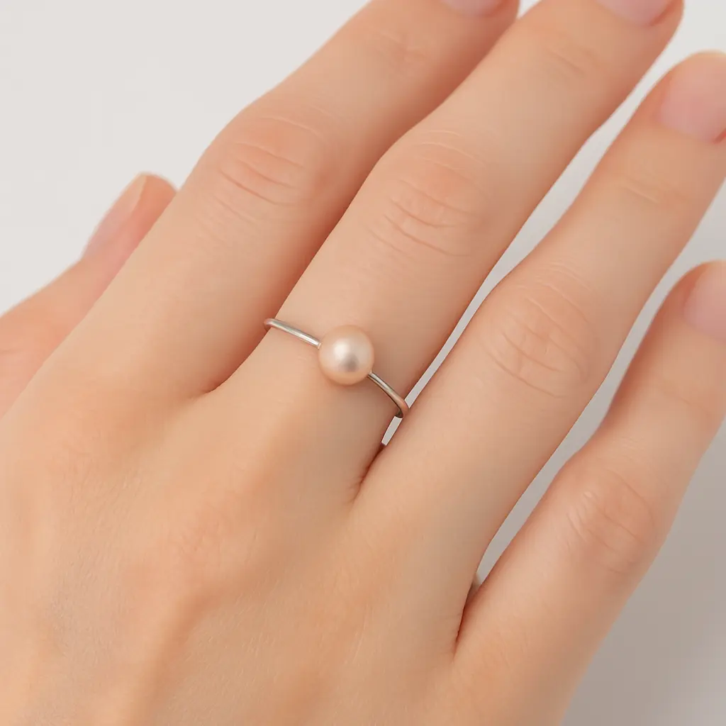 bague avec perle de culture blanche sur une main